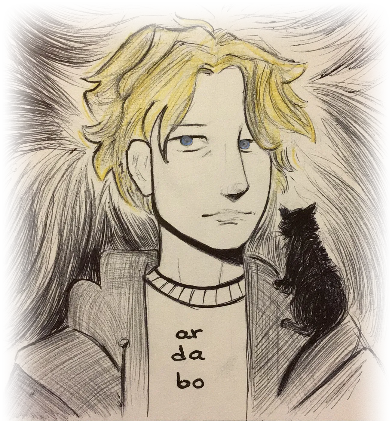 ballpoint pen drawing of arda: blond hair, blue eyes, a cat on the shoulder, 'ar da bo' written on the shirt